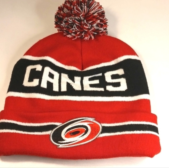 Canes PNC Red/Blk Striped Pom Pom Beanie Cap - Picture 1 of 5